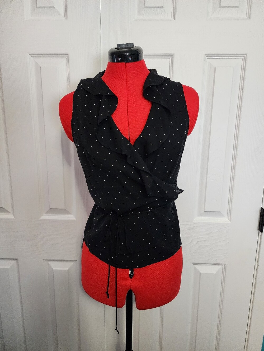 Harolds Black Silk Polka Dot Wrap Blouse Size 8